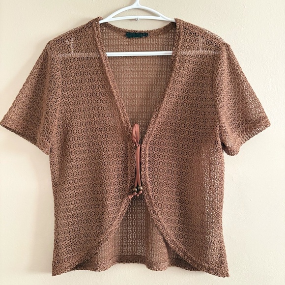 4/$10🎄Vintage Brown Crotchet Short Sleeve Tie Front Cardigan - Picture 2 of 13